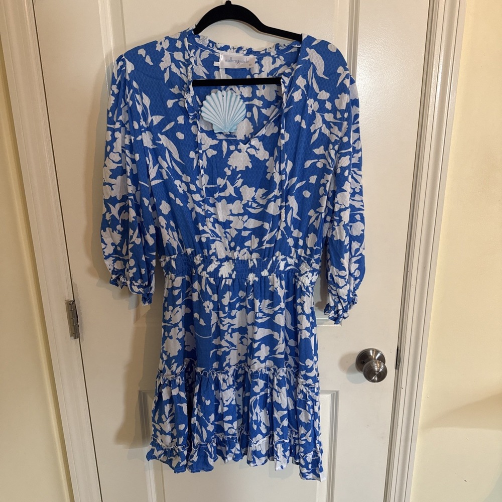 Walker & Wade Ibiza Dress Cornflower Blue Ruffle Smocked Mini Dress XL NWT